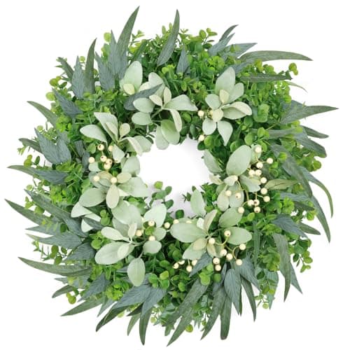 Zmtyykh 26 Inch Eucalyptus Wreath Large Spring Wreath for Front Door with Lamb’s Ear White Berries Outdoor Wreath Farmhouse Home Decor Front Porch Wall Indoors Greenery Wreath for All Seasons Summer