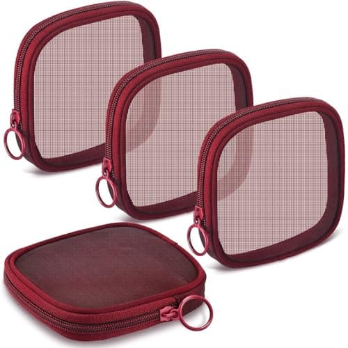 Fennec Mart 4pcs Mesh Makeup Pouch Small Cosmetic Bags for Women, 4.7" Square Nylon Mini Zipper Organizer for Lipstick, Coins, Toiletries, Accessories – Compact Travel Pouches for Purse & Bag (Maroon)