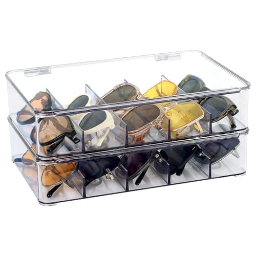 FORUP Sunglasses Organizer, Plastic Stackable Eyeglass Case Storage Organizer, Sunglass Glasses Storage Box with Hinged Lid, 5 Sections, 2 Pack, Clear