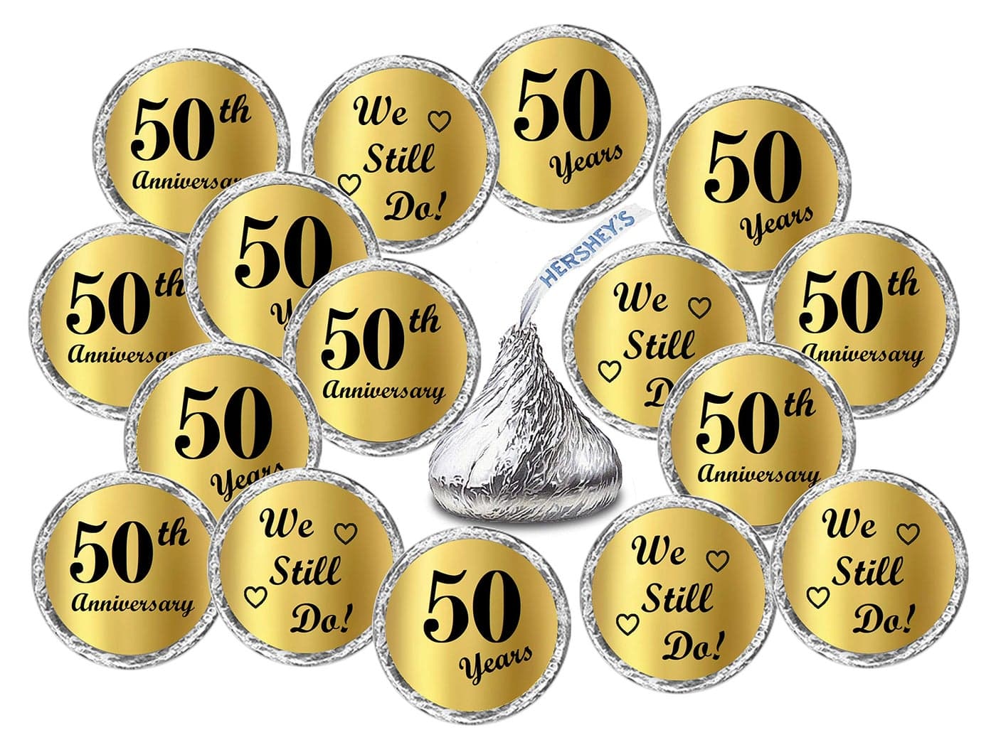 Gold Foil 50th Anniversary Kisses Stickers Set of 216 Chocolate Drops Labels Stickers for 50th Wedding Anniversary Party Favors Decor for Kisses Made in USA
