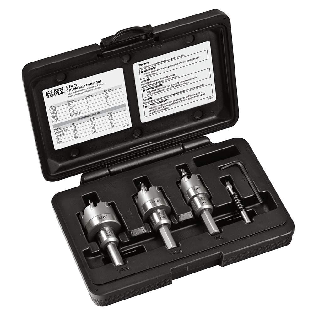 Klein Tools 31872 Heavy Duty Hole Saw Kit Includes Carbide Hole Cutters and Pilot Bit in RustProof Molded Plastic Case 4Piece