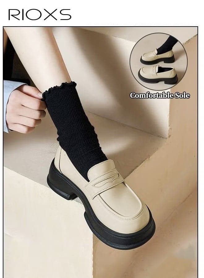 Loafers for Women, Classic Slip-on Chunky Loafers, Wide Round-toe Shoes, Comfy Mary Jane Shoes with Stable Outsole, Women's Mid-heel Slip-on Shoes, Dress Business Casual Loafers, Stylish Penny Loafer Designed for the Busy, On-the-Go Lifestyle, Soild White Loafers