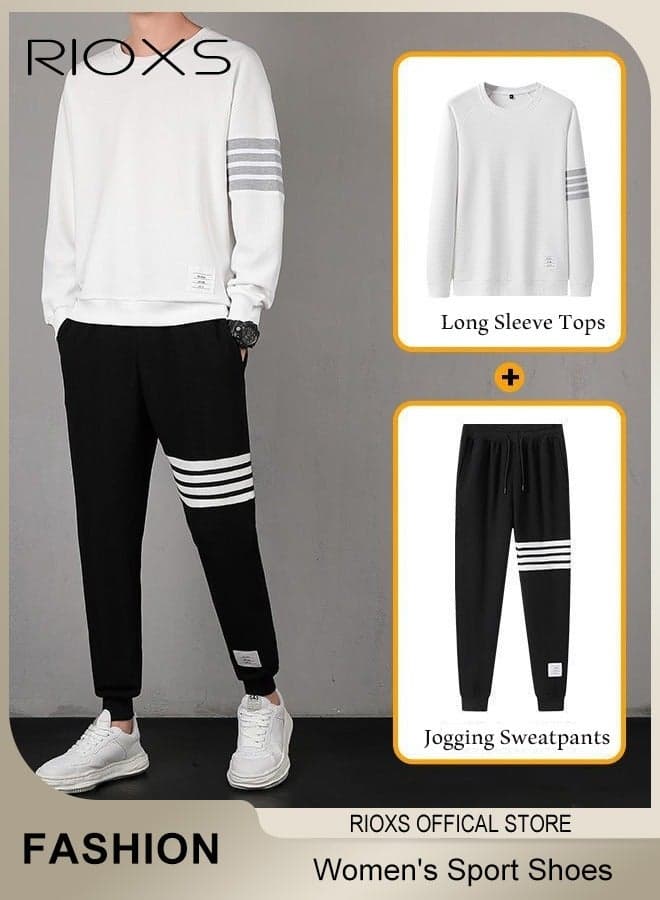 Men's 2 Pieces Athletic Set, Crewneck Sweatshirt And Sweatpants With Pockets, Tracksuit Casual Workout Sportswear Set For Men, Long Sleeve Tops & Joggers Sweatpants, Cozy Sweatshirt And Drawstring Basketball Pants, Outfits For Gym/ Jogging/ Running/ Daily