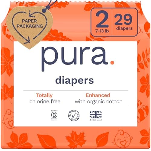 Pura Hypoallergenic Diapers, Size 2 (7-13 lbs) Totally Chlorine Free, Wetness Indicator, Suitable for Sensitive Skin, Soft Organic Cotton Comfort, Overnight, 1 Pack of 29 Baby Diapers