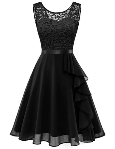 BeryLove Women's Homecoming Cocktail Dresses Wedding Guest Short Bridesmaid Dress Party Prom Ruffle Hem Sleeveless Lace Formal Dress 7052 Black L