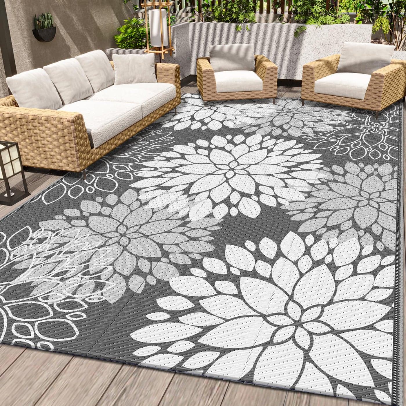 LuxStep Outdoor Rug Waterproof Outdoor Plastic Straw Rug Reversible Patio Rug Mat Outdoor Decor Large Area Mats for RV Picnic Backyard Deck Balcony Porch Beach Camping 5x 8Grey