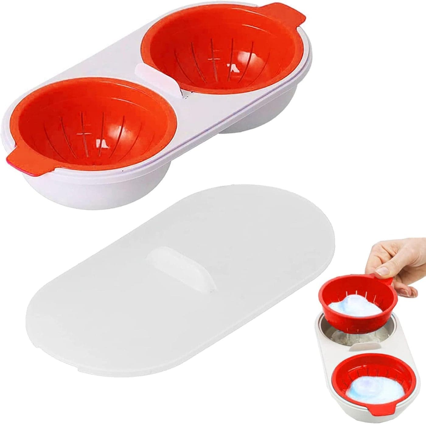 Potency Microwave Egg Poachers, Mold Eggs Poacher Cup,Draining Egg Boiler,Eggs Poacher Cup, Lids Non-Stick Coated Cooking Food Grade PP Double Cup Egg Cooker Egg Steamer Kitchen Gadget (Red)