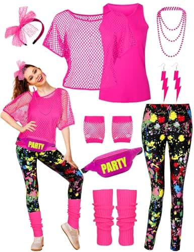 CICOCI 80s 90s Outfit For Women Neno Party Fishnet Top1980s Costume with 80s Accessories Set Retro Party Leg Warmers Headband Pink