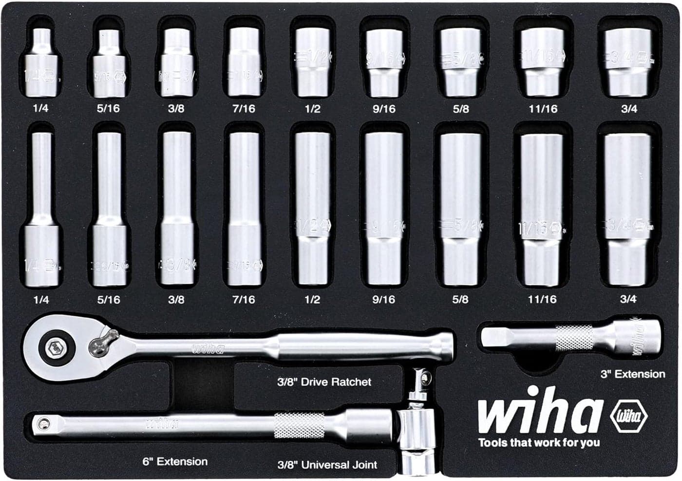 Wiha 33796 22 Piece 38 Drive Professional Standard and Deep Socket Tray Set SAE