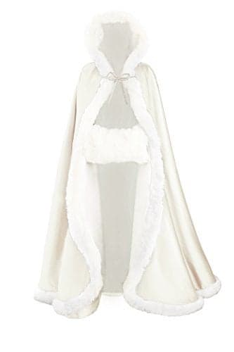 BEAUTELICATE Wedding Cape Hooded Cloak for Bride Winter Reversible with Fur Trim Free Hand Muff Length 55" Ivory