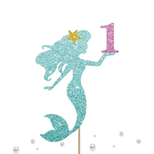 Mermaid 1 Cake Topper Happy 1st Birthday Cake Decor for Baby Girl Little Mermaid Birthday Party Decoration Under the Sea Themed Party Supplies Blue Glitter