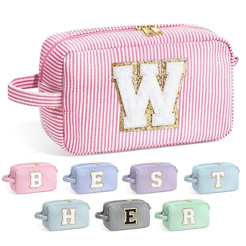 YOOLIFE Initial Cosmetic Bag for Women Monogram Cute Makeup Bag Cosmetic Case Toiletry Pouch for Women Her Best Friend Sister Teacher Personalized Birthday Gifts for Women Pink W
