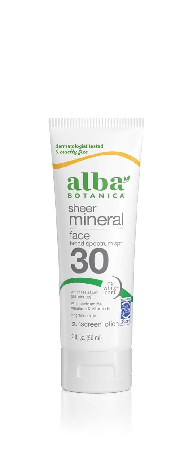 Alba Botanica Sunscreen for Face FragranceFree Sheer Mineral Face Sunscreen Lotion Broad Spectrum SPF 30 Water Resistant and Biodegradable 2 fl oz Bottle Packaging May Vary