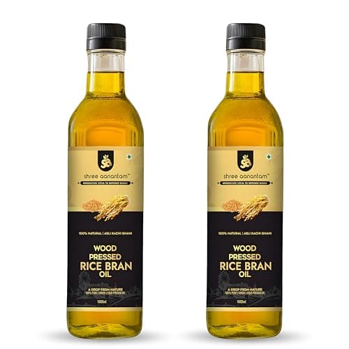 Shree Aanantam Cold Pressed Rice Bran Oil - 500ml | Bottle | Kolhu/Kacchi Ghani/Chekku | 100% Pure & Natural | Chemical-Free | Wood Pressed Rice Bran Oil for Cooking (500ml (Pack of 2))