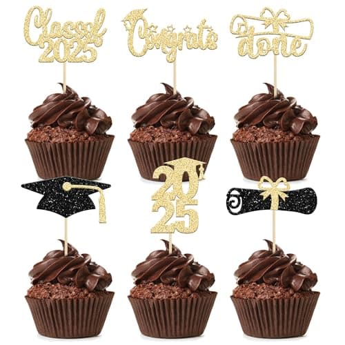 24Pcs Graduation Cupcake Toppers 2025 Gold Glitter Class of 2025 Cupcake Toppers Supplies 2025 Congrats Grad Cap Diploma Cupcake Picks for Graduation Party Decorations 2025