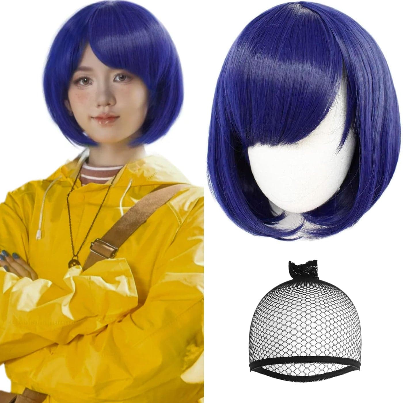 ANOGOL Hair Cap Blue Cosplay Wig with Bangs Short Natural Navy Bob Wigs for Girls Women Blue Bob Wigs for Movie Anime Cosplay Halloween Party Costume Short Navy Hair for Women