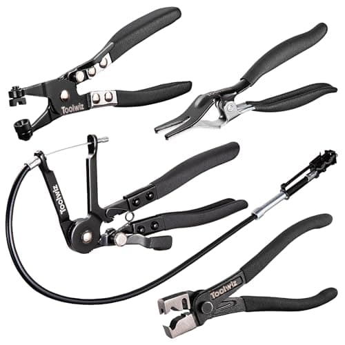 Toolwiz 4 Pcs Hose Clamp Pliers, Spring Coolant Radiator Hose Clamp Pliers Automotive Tools, Includes 27" Long Reach Wire Spring, Flat Band, Remover, Clic-R Type Hand Tools