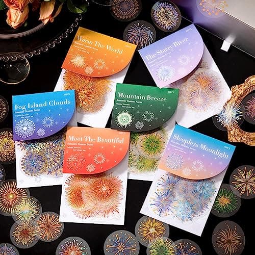 Yoksas 180Pcs Gold Foil Fantasy Fireworks Stickers Set Aesthetic Clear Firecrackers Scrapbook Stickers for Journaling Resin Art Card Making EnvelopeParty Supplies Decoration