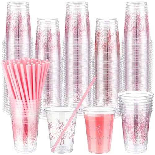Qinyoung 100 Pcs 12 oz Pink Bow Plastic Cups with Paper Straws for Party Supplies Disposable Coffee Cups Pink Bowknot Drinking for Valentine Mother Baby Shower Birthday Wedding Bridal Party Decor