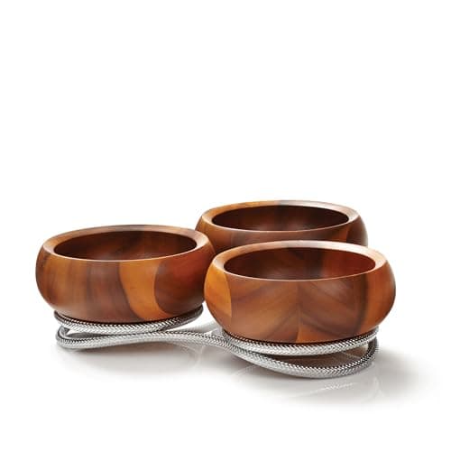 Nambe Braid Condiment Server - Modern Scandinavian Serving Set with Chrome Plate Base & Acacia Wood Bowls, Decorative Dish for Snacks, Appetizers & Tableware Organization, Designed by Sean O’Hara