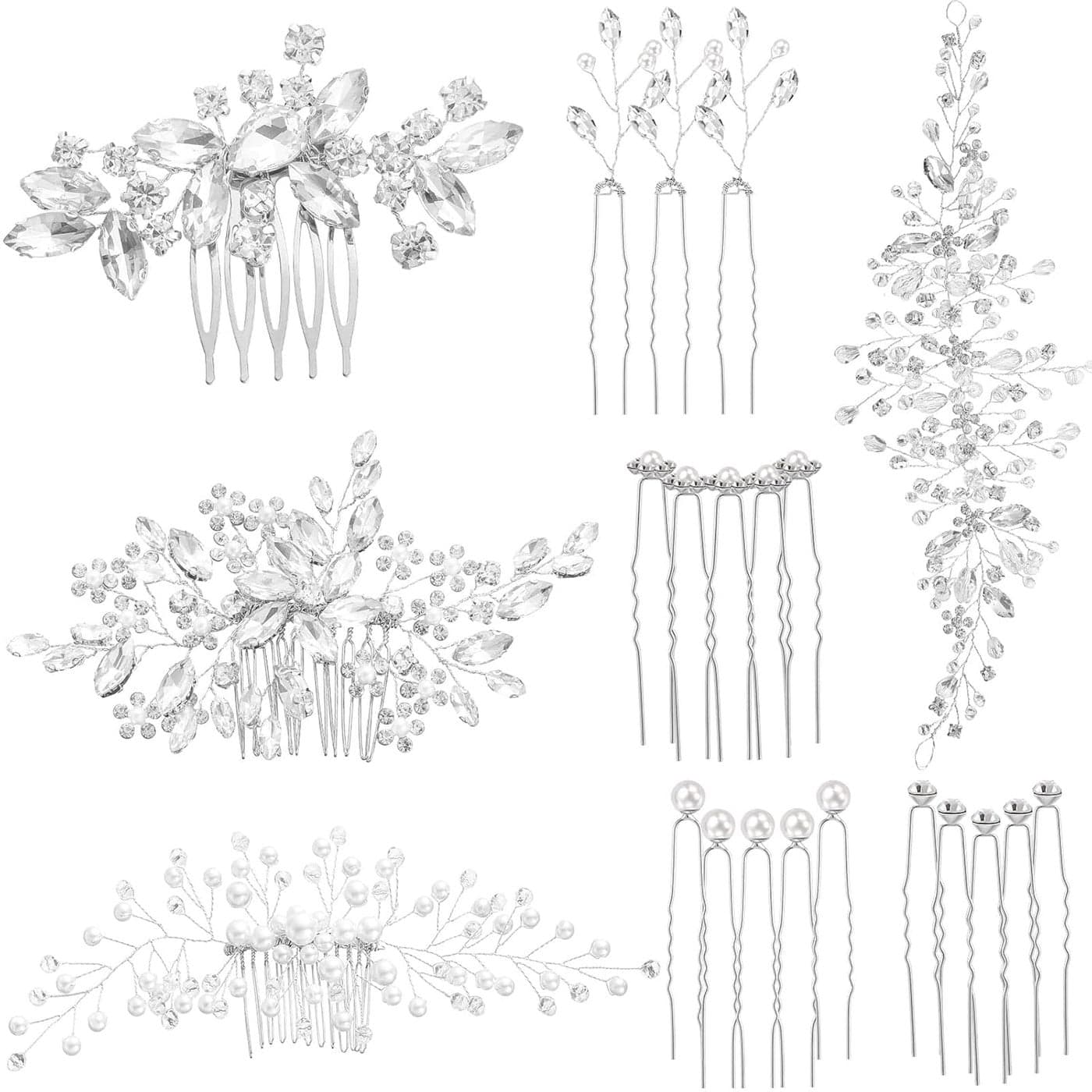 44 Pieces Wedding Hair Accessories Faux Pearl Crystal Rhinestone Hair Combs Clips and Floral Pieces for Bride and Bridesmaid Elegant Style