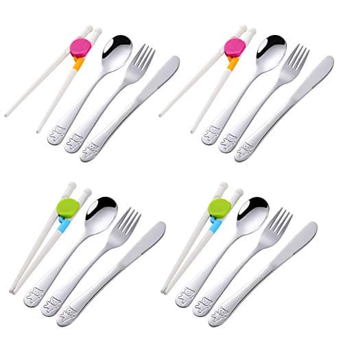 Poylim Stainless Steel Kids Utensils with Training Chopsticks | Toddler Silverware | Kids Silverware | Spoon + Fork + Knife + Chopsticks set | 4-12 Years+ | 12 Pieces | Dishwasher Safe | Silver