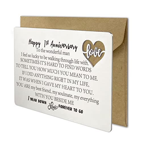 YODOCAMP 1 Year Wedding Anniversary Card for Husband Men, Happy 1st Anniversary Card Gifts for Him, Boyfriend From Wife Girlfriend, Engraved Metal Wallet Insert Anniversary Presents