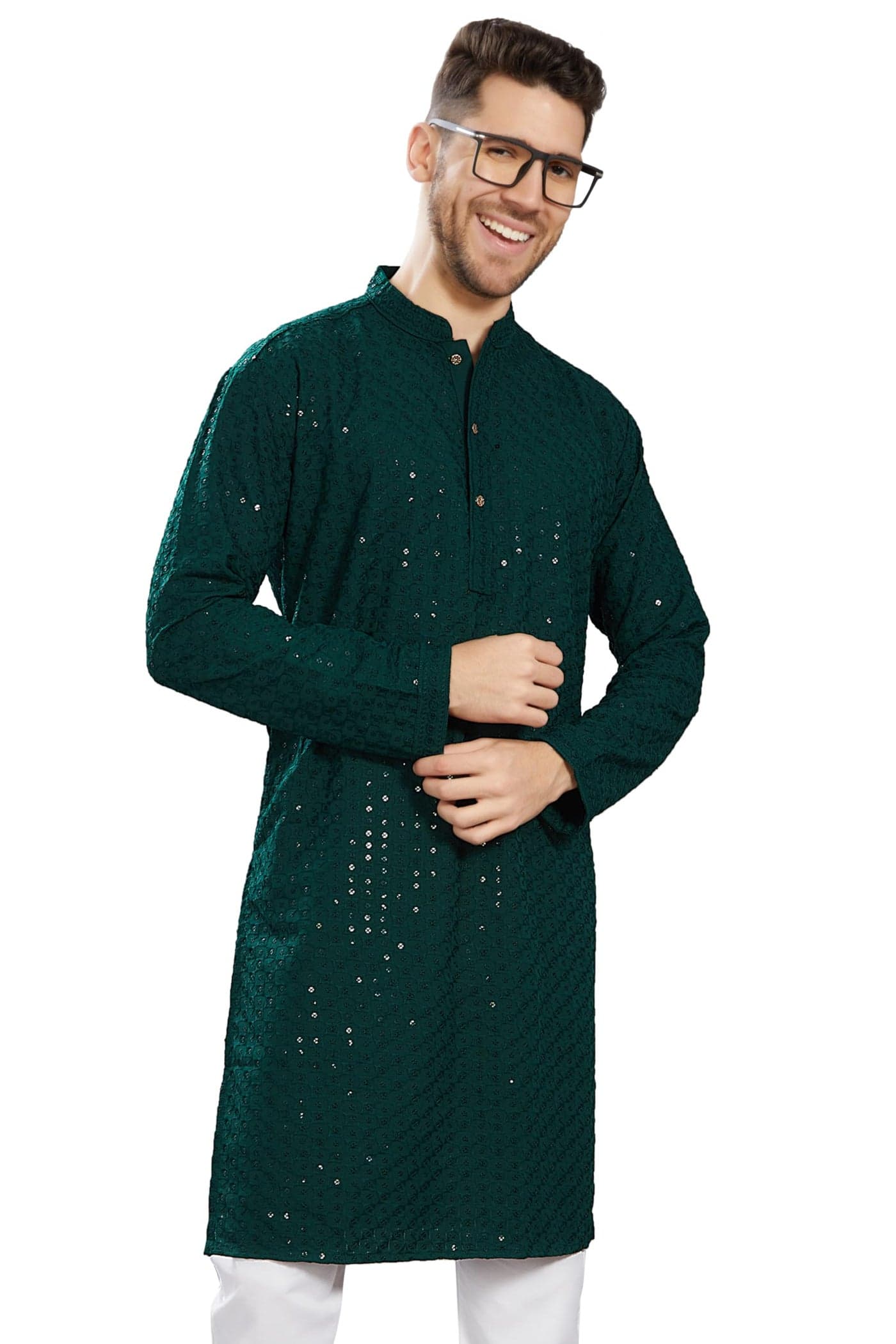 DIVISIVE Men's Sequince Embroidered Cotton Blend Only Slim Fit Kurta (DKRT580_XL_Bottle Green)