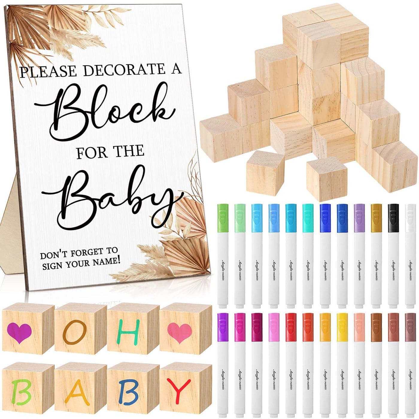 Tatuo 75 Pcs Baby Shower Games Sign Kit Including Decorate a Block Game Sign 50 DIY Wooden Block 24 Acrylic Paint Marker Baby Shower Prize for Gender Reveal PartyBoho