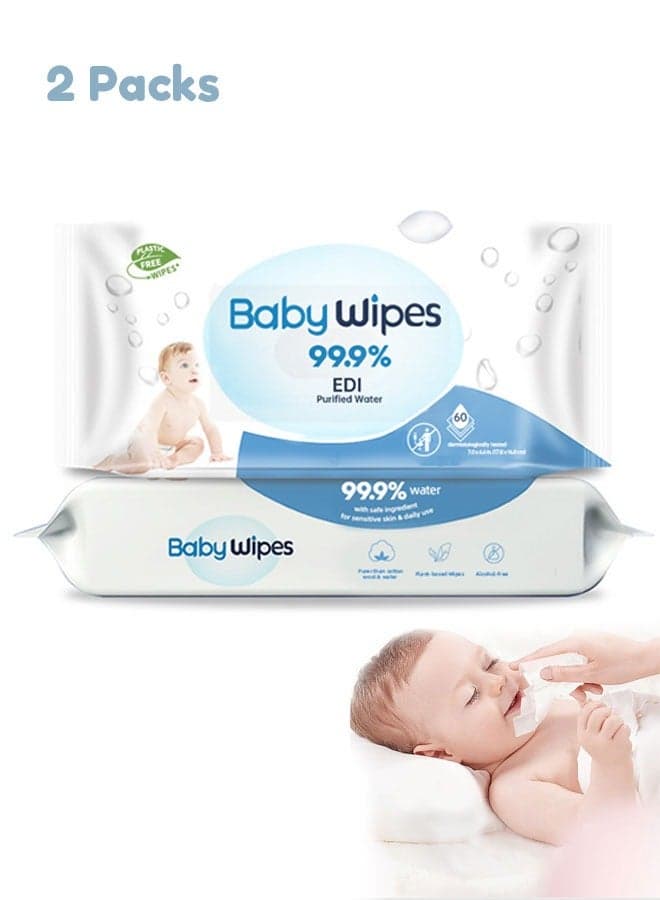 Baby Wet Wipes, 99.9% Water Based Unscented Baby Wipes, Ultra-Mild Cleansing Baby Refresh Wipes for Sensitive Skin, 120 Count (2 Packs)