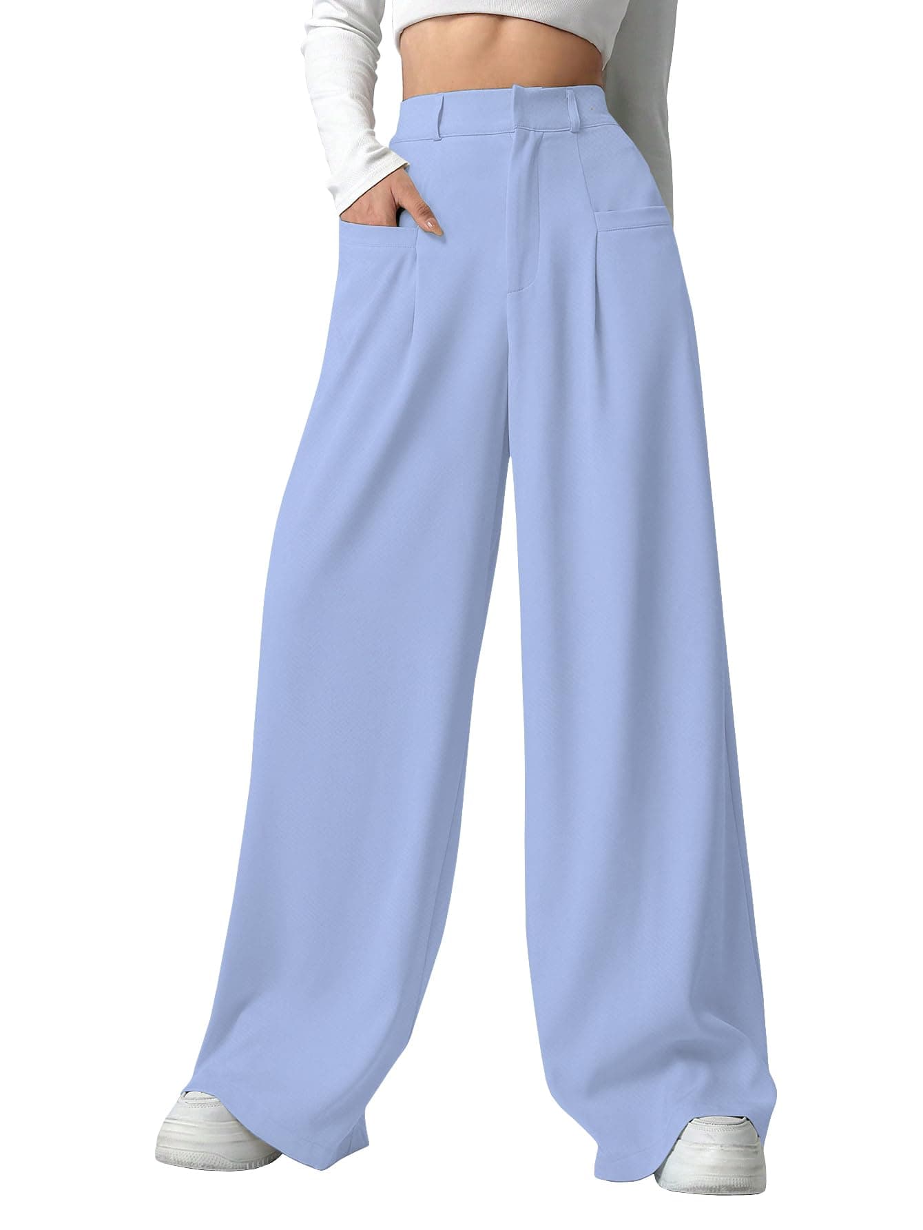 Shasmi Women & Girls Solid Sky Blue Color Loose Fit, Pleated Trousers, Wide Leg Pocket Casual Long Korean Trousers Pant (Pant 146 Sky Blue-S)