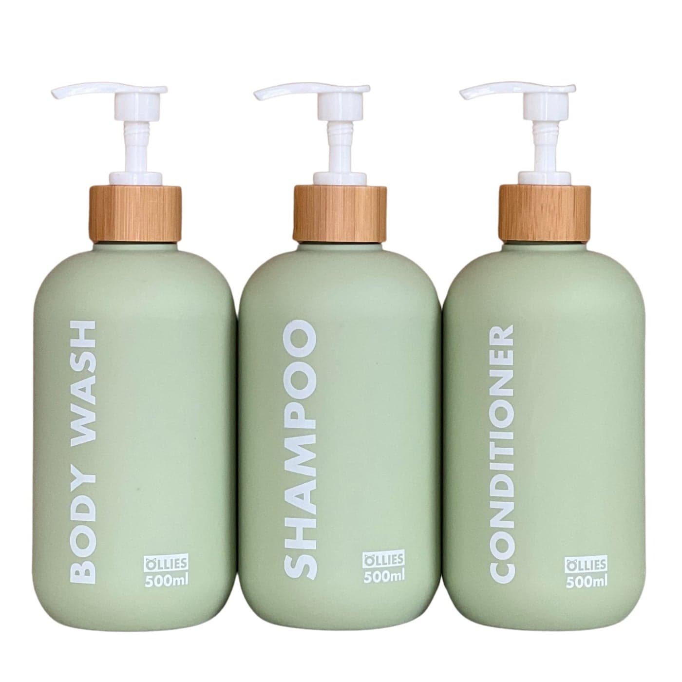 OLLIES Shampoo and Conditioner Dispenser Shower Soap Dispenser for BathroomSet of 3 with Permanent Stylish Label17oz 500ml Refillable Shampoo and Conditioner Bottles Green