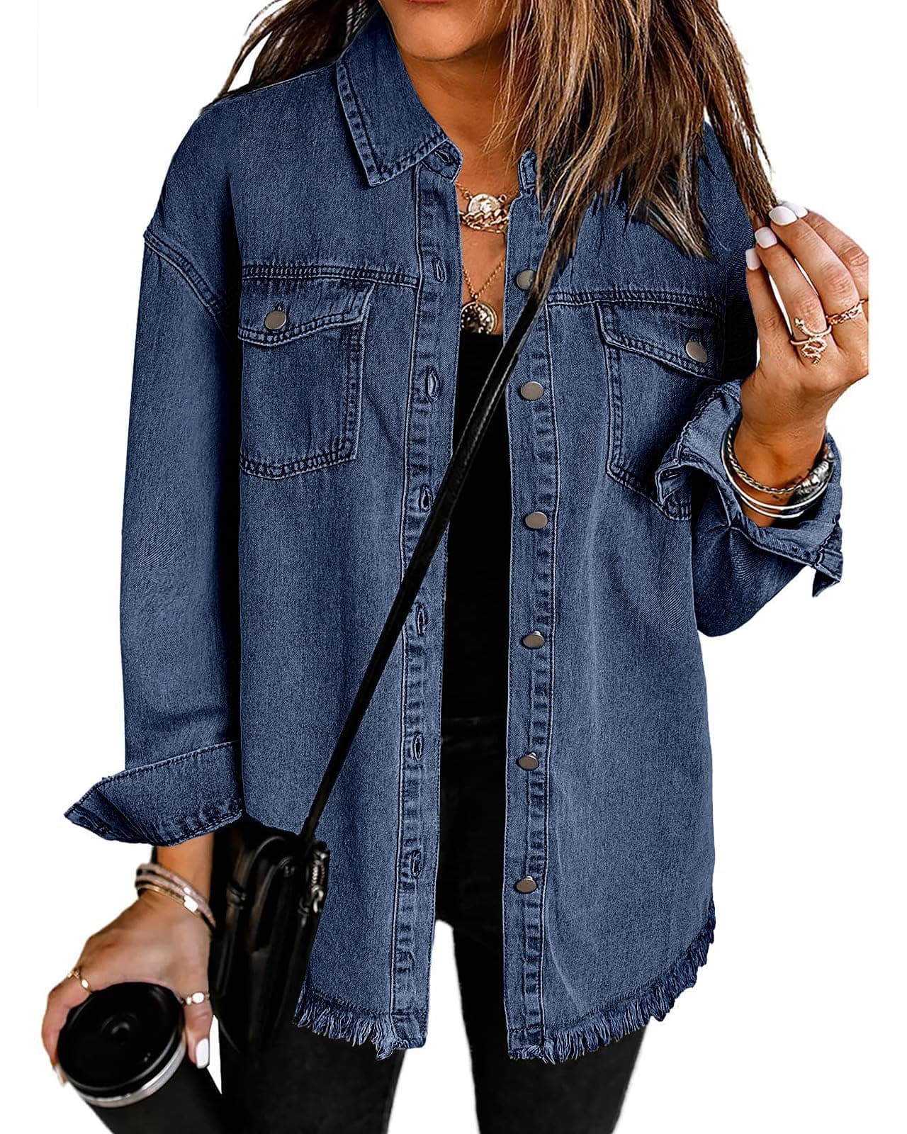 Vetinee Oversized Jean Jacket for Women Bay Blue Front Button Up Frayed Raw Hem Long Sleeve Pockets Denim Jean Jacket Shacket Large Size 12 Size 14