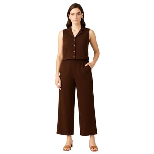Sleeveless Women’s Co-Ord Set – Premium Soft Fabric, Chic 2-Piece Outfit for Casual, Travel & Party | Summer Fashion Loungewear | Elegant & Comfortable Matching Top & Pants (Brown, L)