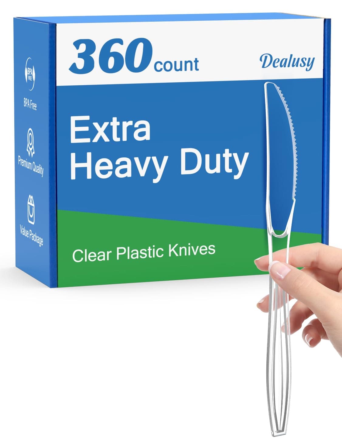 Dealusy 360 Count Extra Heavy Duty Clear Plastic Knives Disposable BPAFree Heat Resistant Solid and Durable Disposable Knives Bulk Premium Plastic Knives heavy duty for Party Supply