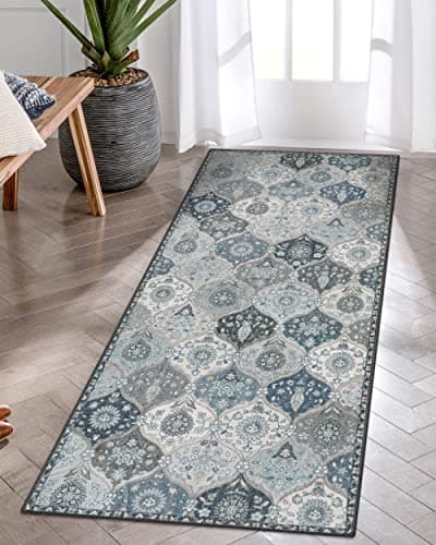 Lahome Moroccan Trellis Kitchen Runner Rug 2x5 Washable Runners for Hallways Non Slip Rubber Backing UltraThin Vintage Carpet for Entryway Bedroom Bathroom Blue