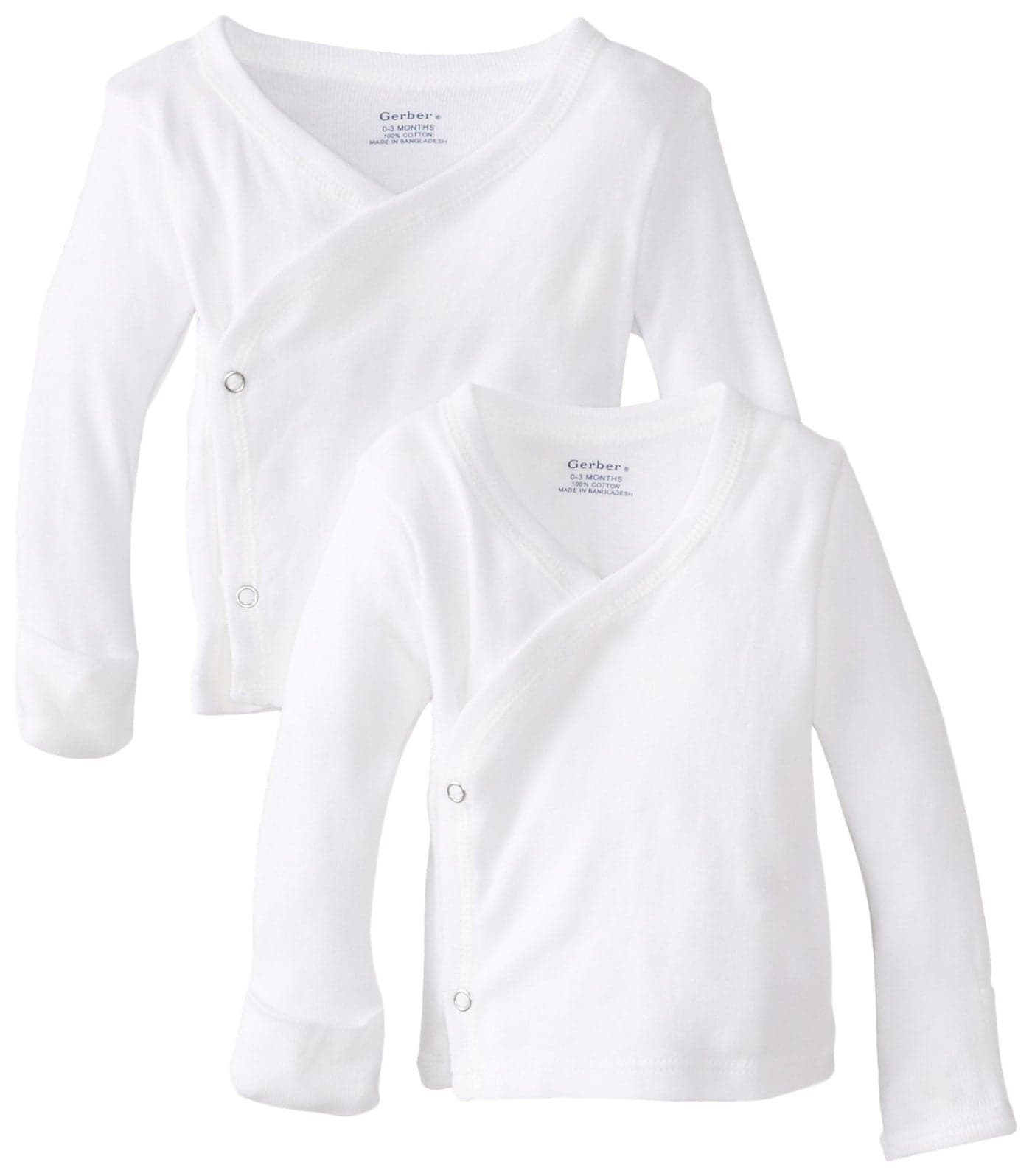 Gerber Baby 2-Pack Long-Sleeve Side-Snap Mitten-Cuff Shirt, white, Newborn