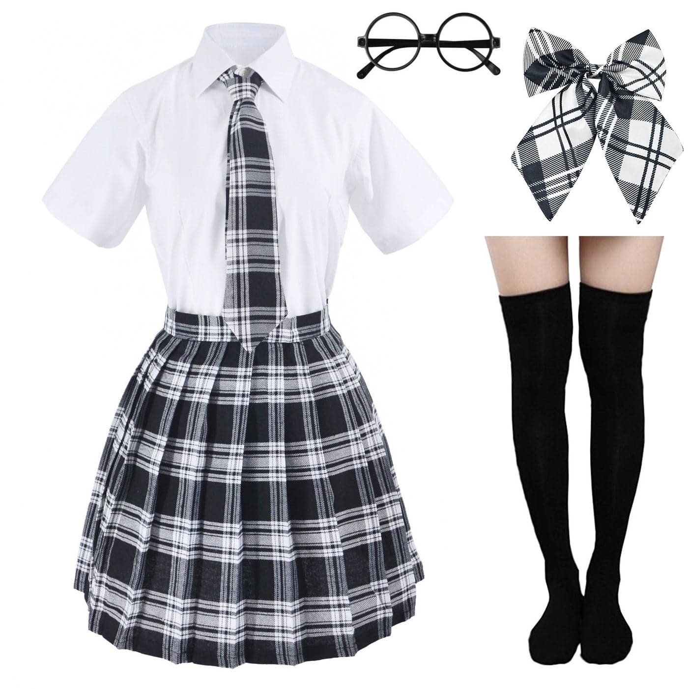 Japanese Tartan Pleated School Uniform Cosplay Costumes with Socks Eyeglass Frame Set (Black)(XL = Asia XXL)(SSF10)