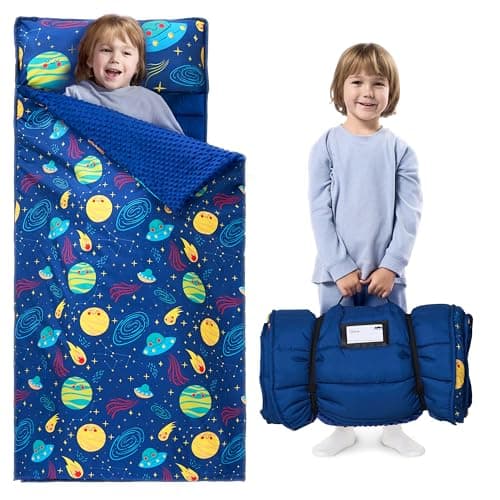 JOIEDOMI Toddler Sleeping Bag for Kids 55x30 Nap Mat with Removable Pillow and Minky Blanket for Toddler Ages 37 Roll Up Kids Sleeping Bag for Boys Girls Kindergarten Daycare Sleepover Universe