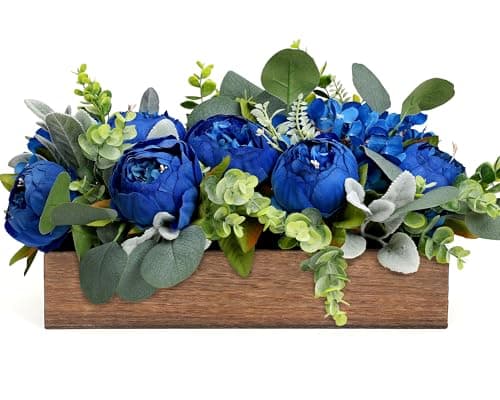 Scawim Royal Blue Flower Centerpieces for Table, Pre-Made Artificial Peony Hydrangea Centerpieces for Dining Table Wood Fake Flowers Decorations for Wedding Room Living Room Office Bar Kitchen Table