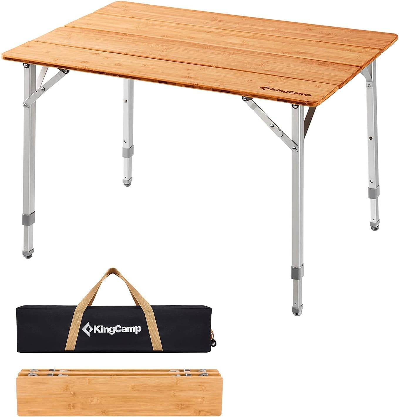 KingCamp Bamboo Folding Table Environmental Camping Table with Adjustable Height Aluminum Legs Heavy Duty 4Folds Portable Camp Tables for Travel Picnic Party Beach 12 People