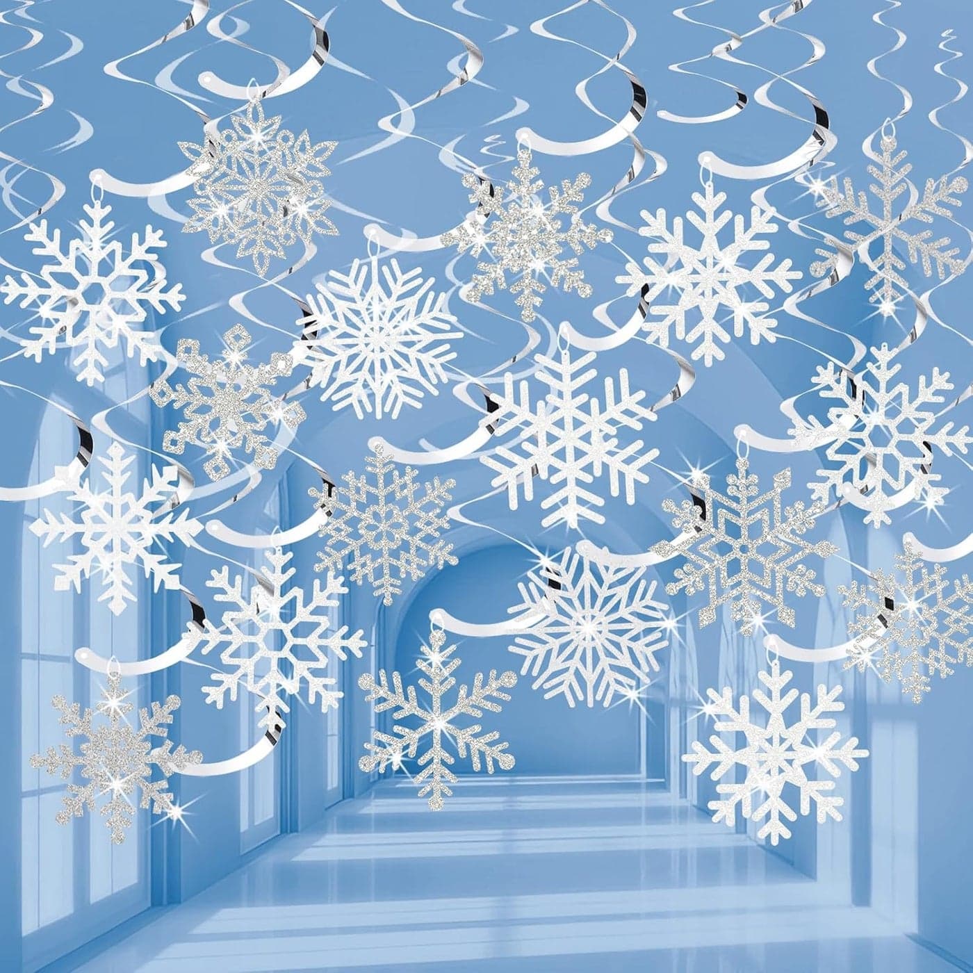 30Pcs Winter Snowflake Hanging Swirl Decorations White Silver Christmas Glitter Snowflake Hanging Swirls Ornaments Ceiling Streamers for Xmas Winter Wonderland Frozen New Year Birthday Party Supplies