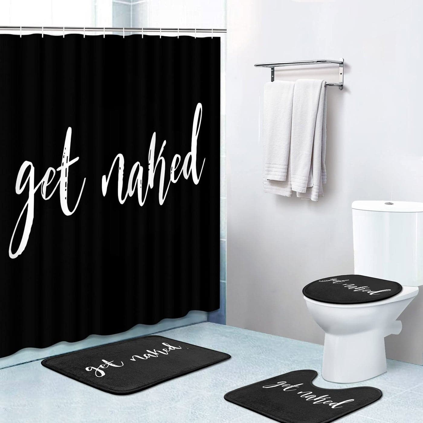 Britimes 4 Piece Shower Curtain Sets with 12 Hooks Get Naked Black with NonSlip Rugs Toilet Lid Cover and Bath Mat for Bathroom Decor Set 72 x 72