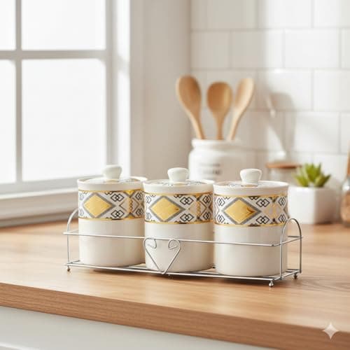 Better Home Ceramic Jars with Ceramic Lids & Stand, Pack of 3 (700ml Each), White & Gold |glass jar for kitchen storage | kitchen jars containers | jar set for kitchen | ceramic jars kitchen storage