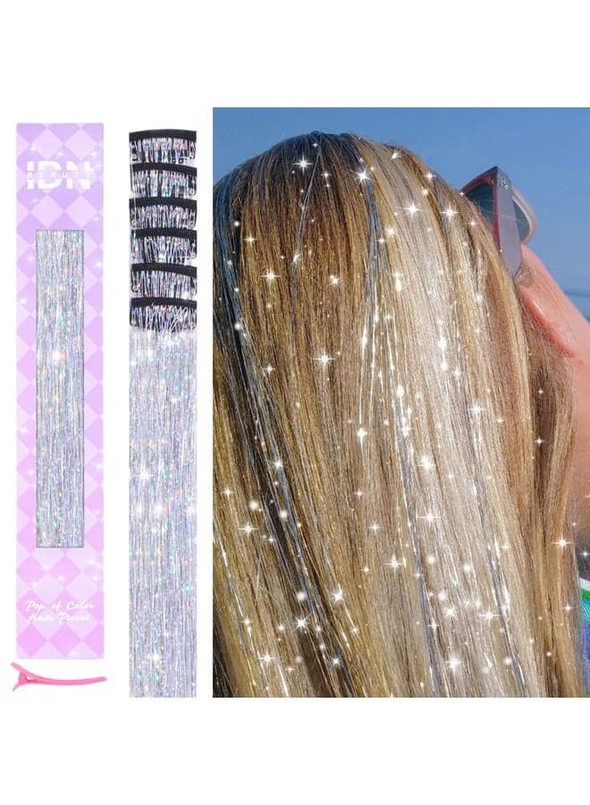 Hair Tinsel Clip in, 6pcs Silver Sparkling Tinsel Hair Extensions 3s Wear and Go for Party Daily Travel Birthday, 24Inch Hair Accessories for Girls Women Kids
