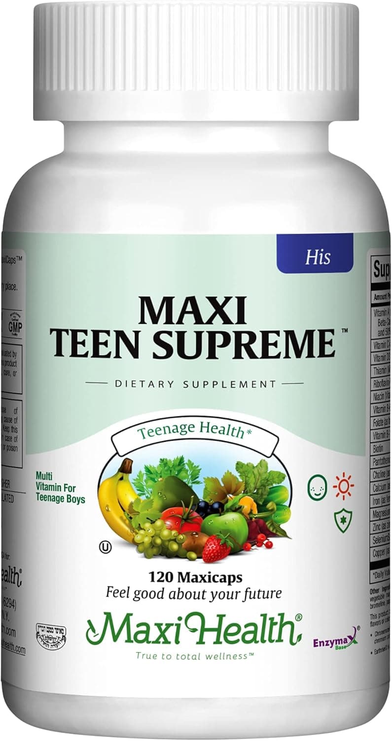 Maxi Health Multivitamin for Him Boys Vitamins for Ages 1217 Teen Supreme Mens Multivitamin for Energy Immune Boost Body Brain Includes D3 Iron Calcium Digestive Enzymes 120 Count