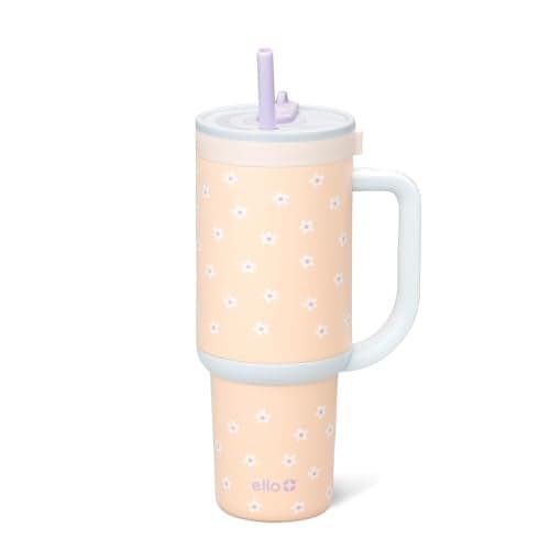 Ello Oasis 30 oz Tumbler with Handle & Retracting Straw | Reusable Insulated Stainless Steel Cup 100% Leakproof, Gifts for Teens Women Men | Keeps cold for 24 Hours, Cup Holder Friendly, Daisies