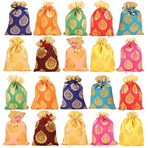 Touchstone Drawstring Bags Traditional Indian Handcrafted in Ficus Leaf Pattern Brocade fabric Perfect for Gifts Jewelry Weddings Sweet Distribution Set of 20 Vibrant Multicolor Pouches Purses Potli
