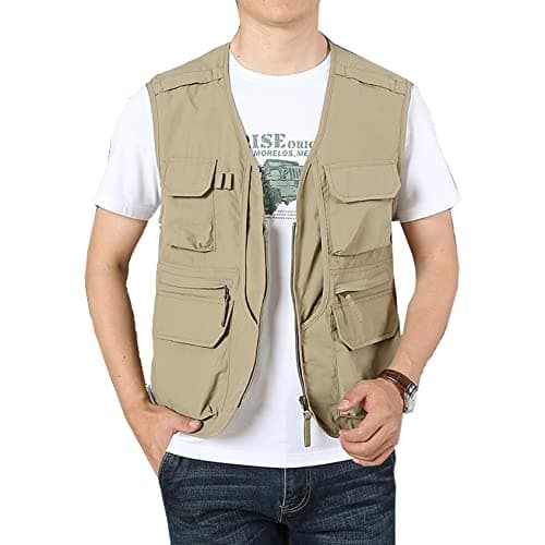 Perbai Mens Black Utility Fishing Vest Outdoor Summer Lightweight Work Photo Safari Cargo VestKhakiXL