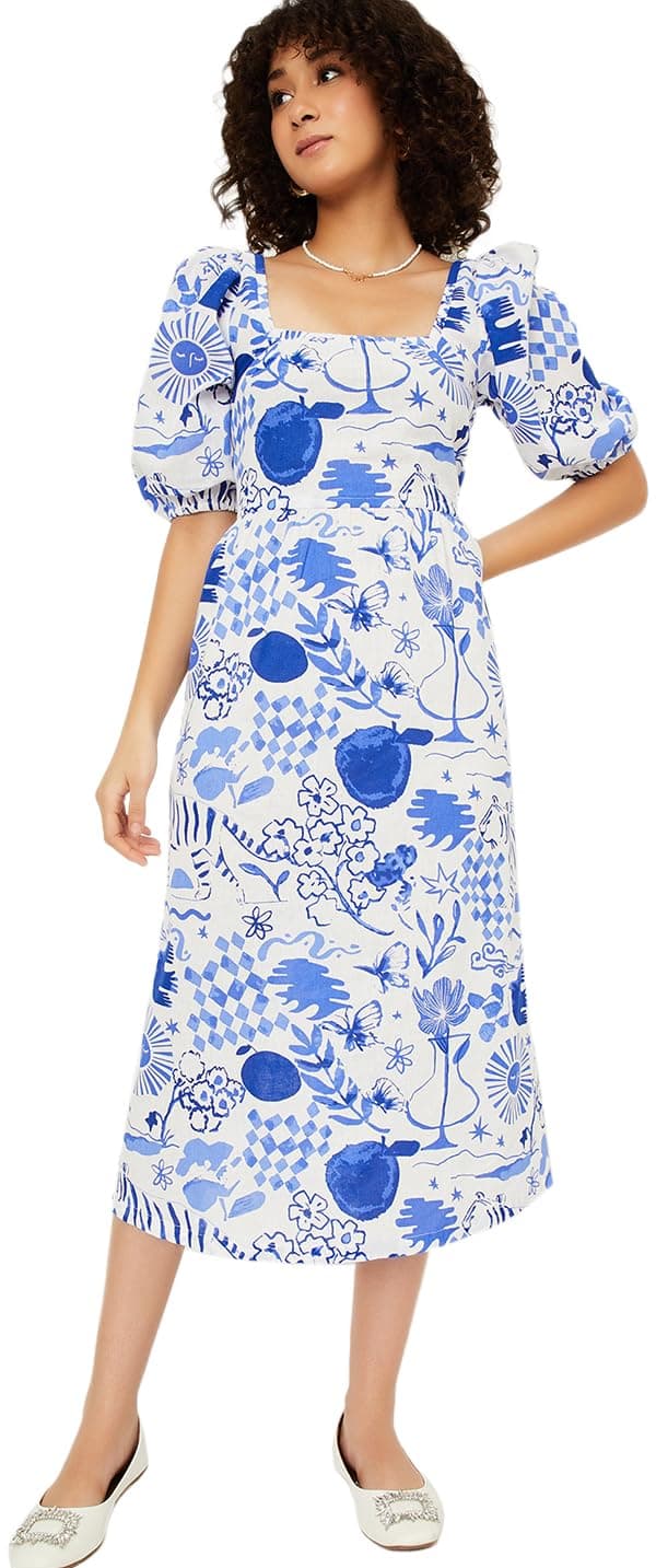 Max Women Printed Styled Back Midi Dress, Blue, XS